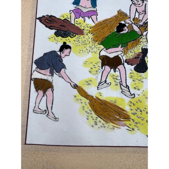 Vintage Korean Silk Embroidery Rice Harvest Scene With Yangban Overseer Panel - Picture 6 of 7